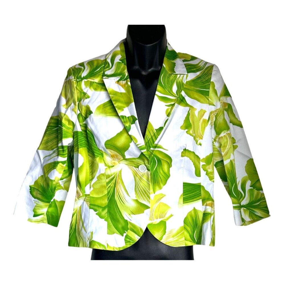 Tropical Leaf Print Womens Blazer Jacket - 3/4 Sleeve - Button Closure - Stylish